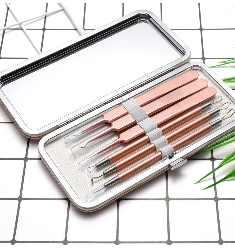 Six stainless steel dual-ended acne needles with rose gold finish for blackhead and spot removal