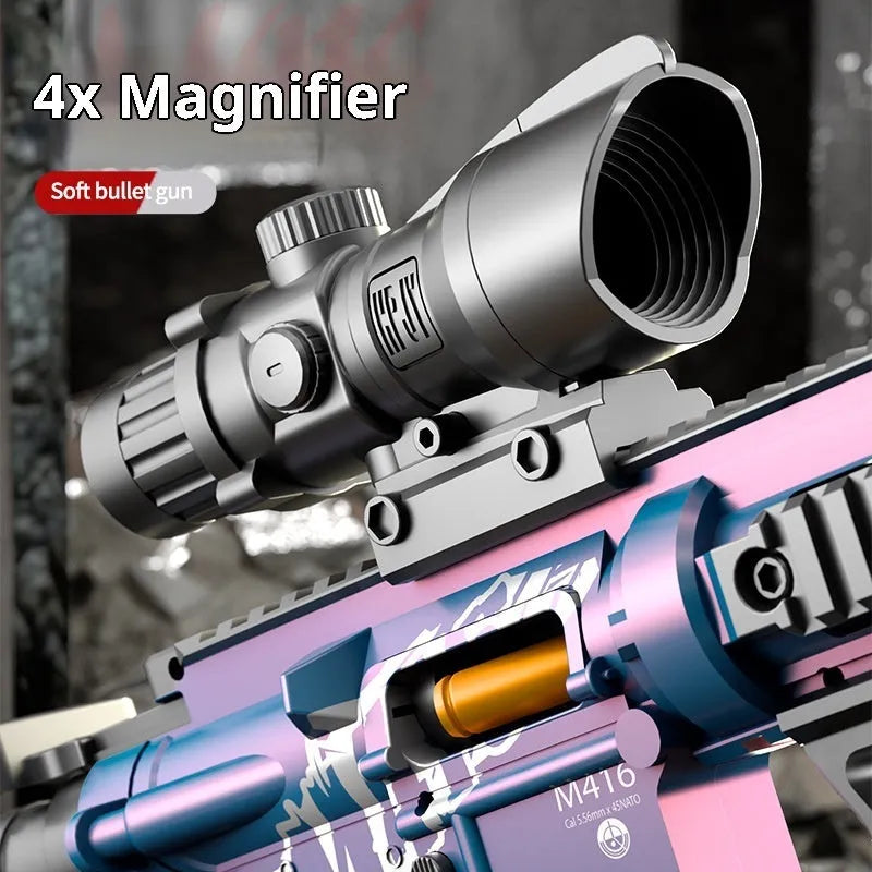 M416 toy soft bullet gun in sand colour with manual bolt throwing shell, plastic construction, includes accessories.