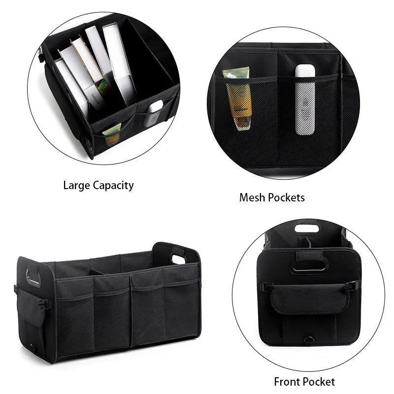 Foldable multi-compartment car boot storage box in black fabric with handle