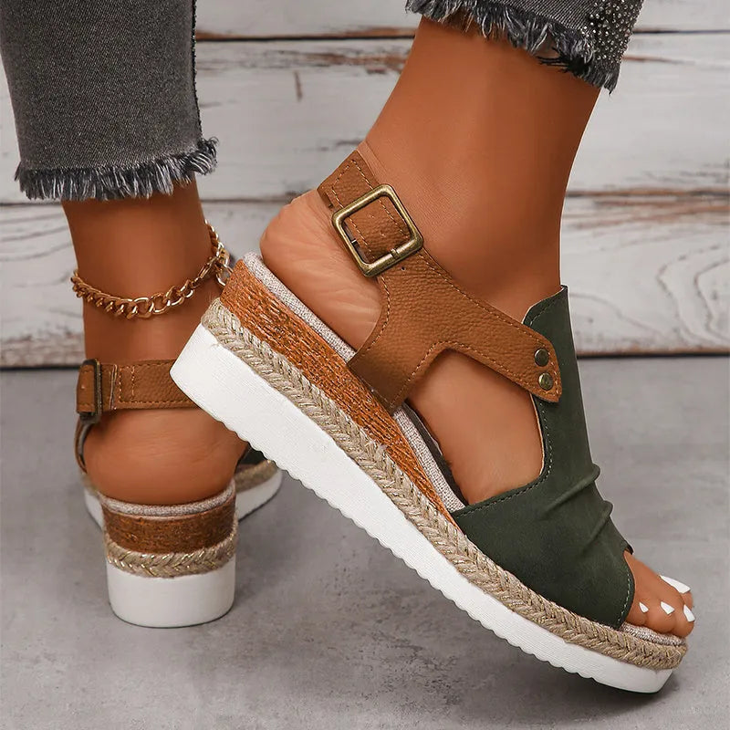 Women's fish mouth wedge sandals with straw design, peep toe, buckle closure, TPR sole, artificial PU upper