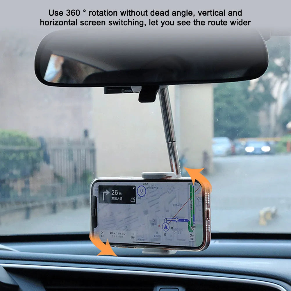 Black car phone holder mounted with 360-degree rotation adjustment mechanism visible