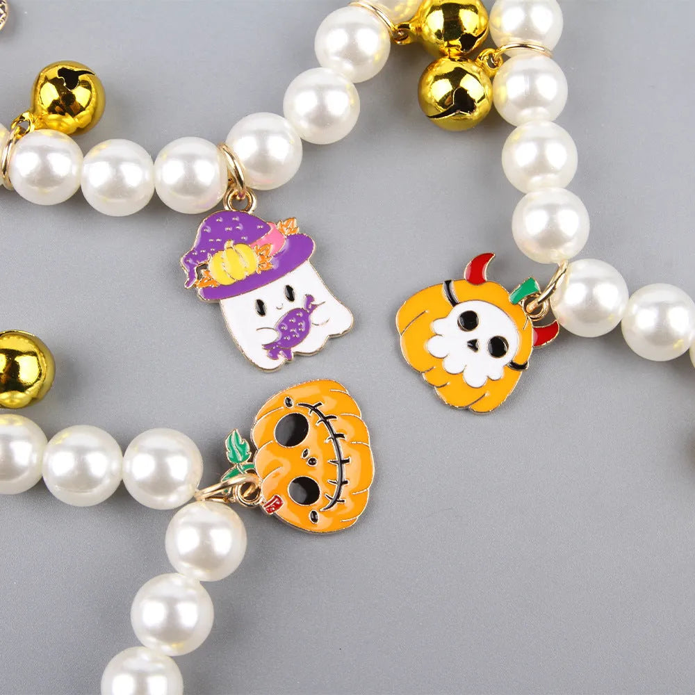 Halloween cat collar with simulated pearl necklace design in pumpkin pattern options