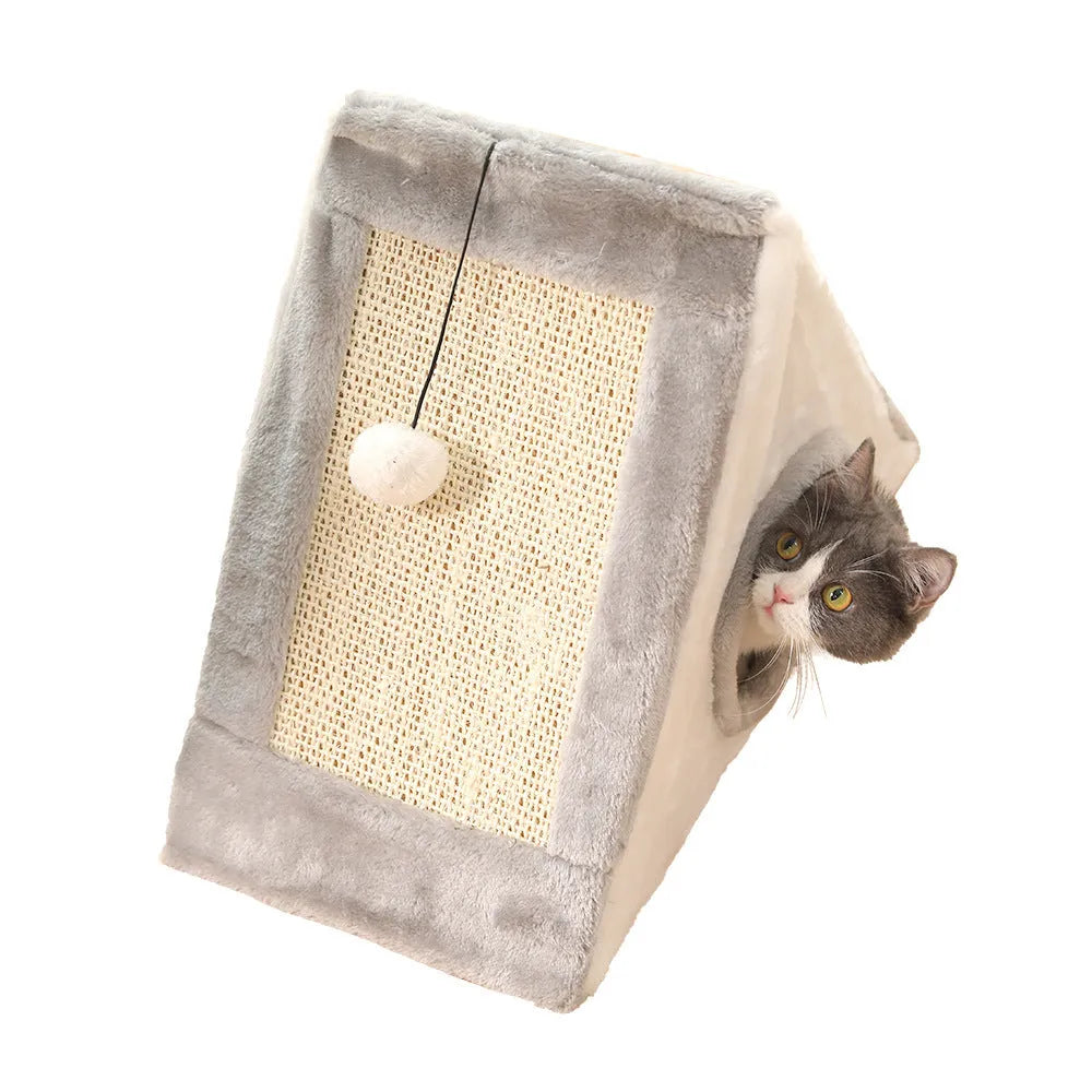 Triangular cat bed cage with sisal scratching surface in grey and white colour