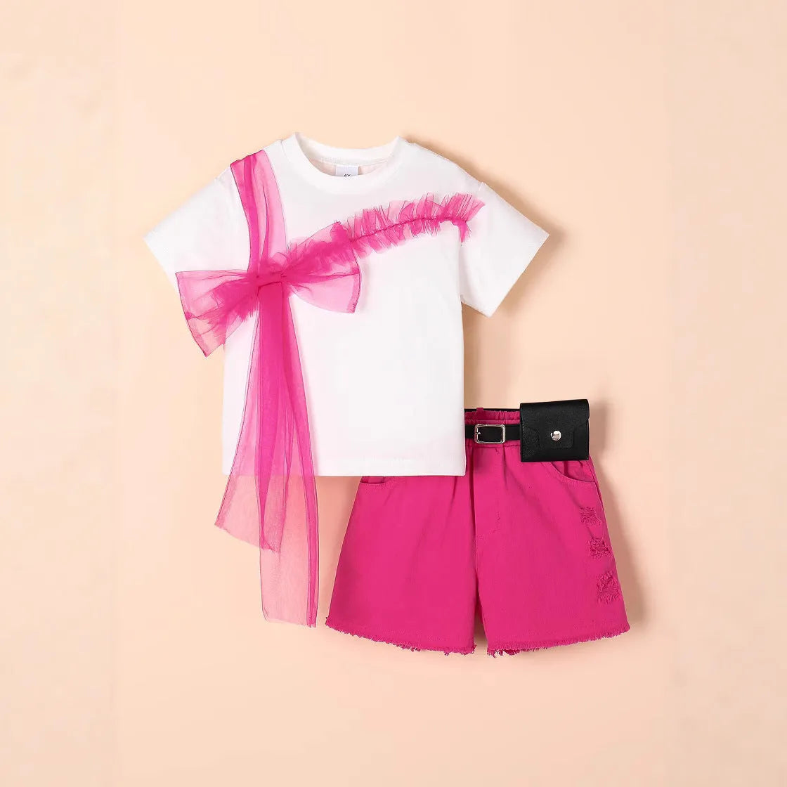 Rose red children's short-sleeved t-shirt, denim shorts, and belt set for girls ages 4Y to 7Y