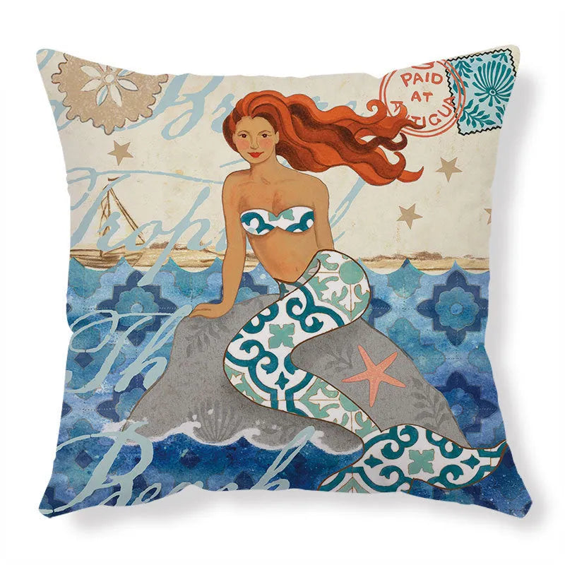 Sea turtle printed linen cushion cover 45x45cm with invisible zipper closure