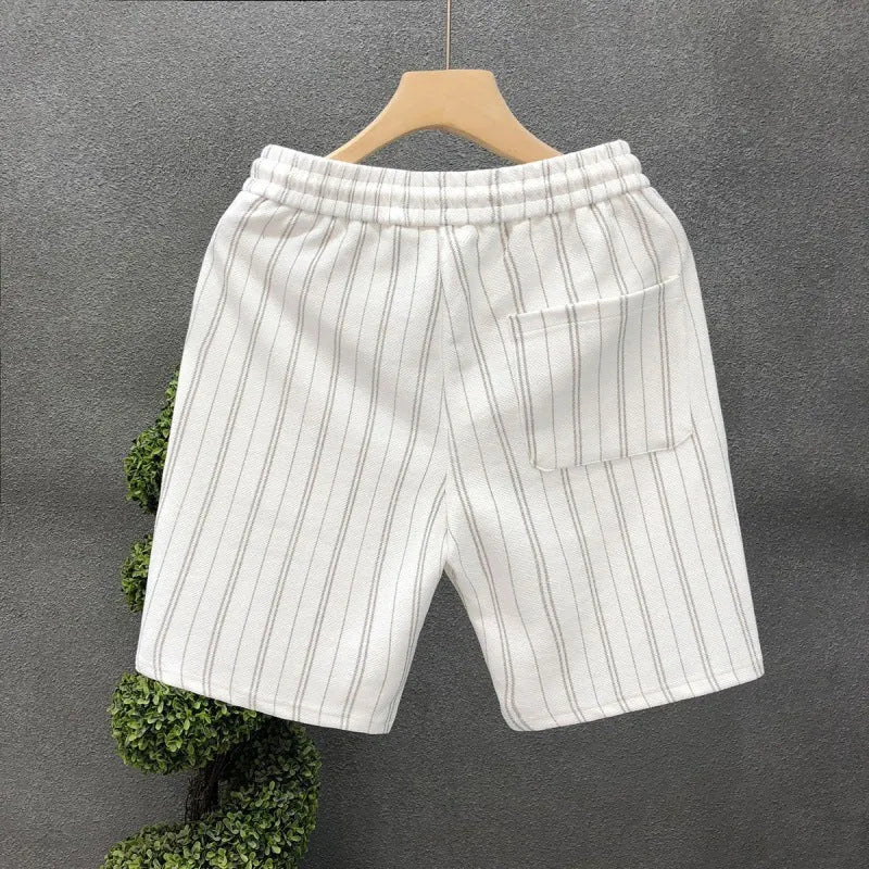 Black and white striped men's fleece-lined casual shorts with an elastic double waistband