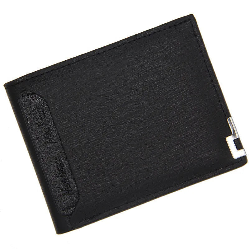 Men's black iron-edge card-picking wallet showing card slots and cash compartment.