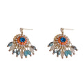 Geometric diamond-embedded crystal tassel earrings in thick gold-plated copper, purple and blue colour options