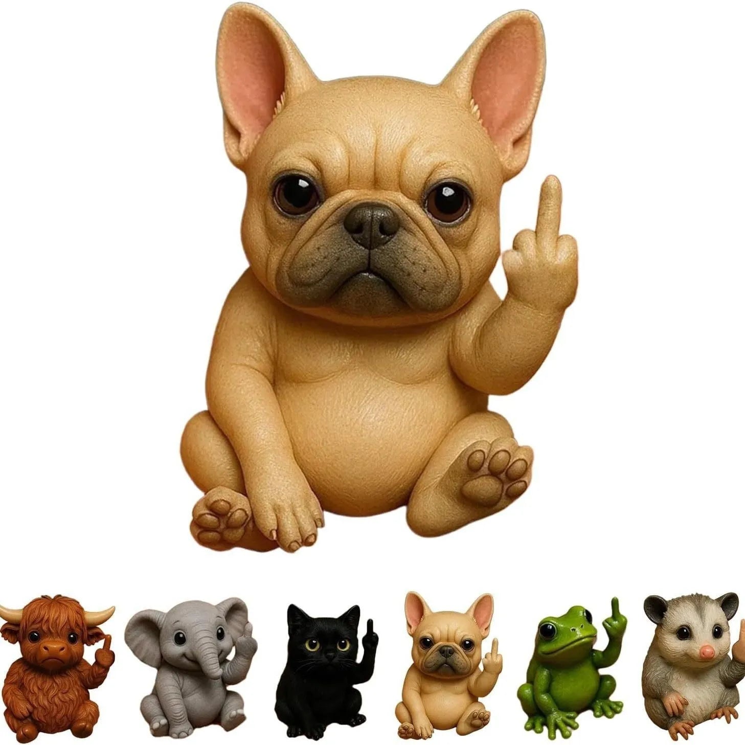Mini resin animal doll with vertical middle finger design in one of seven animal styles