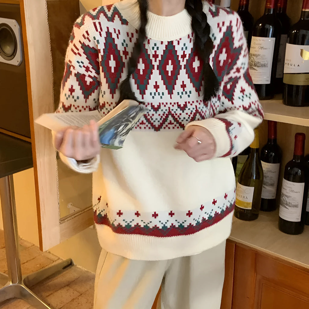 White and red striped loose retro pullover knitted top with long sleeves.