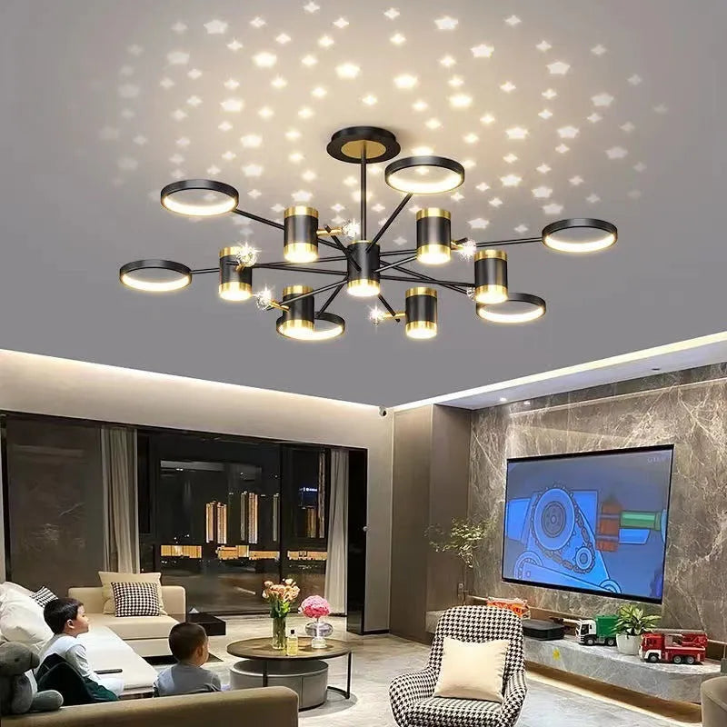 Black iron pendant lamp with 13 heads and adjustable height for ceiling mounting