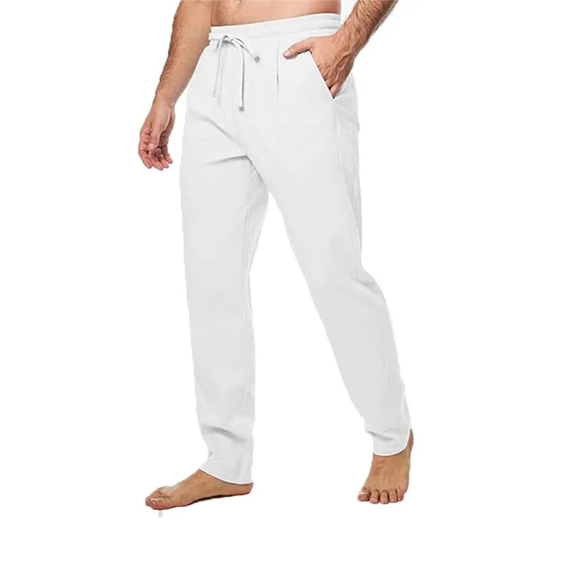 Men's cotton and linen trousers, loose straight leg, drawstring waist, summer breathable, five colours, M-5XL