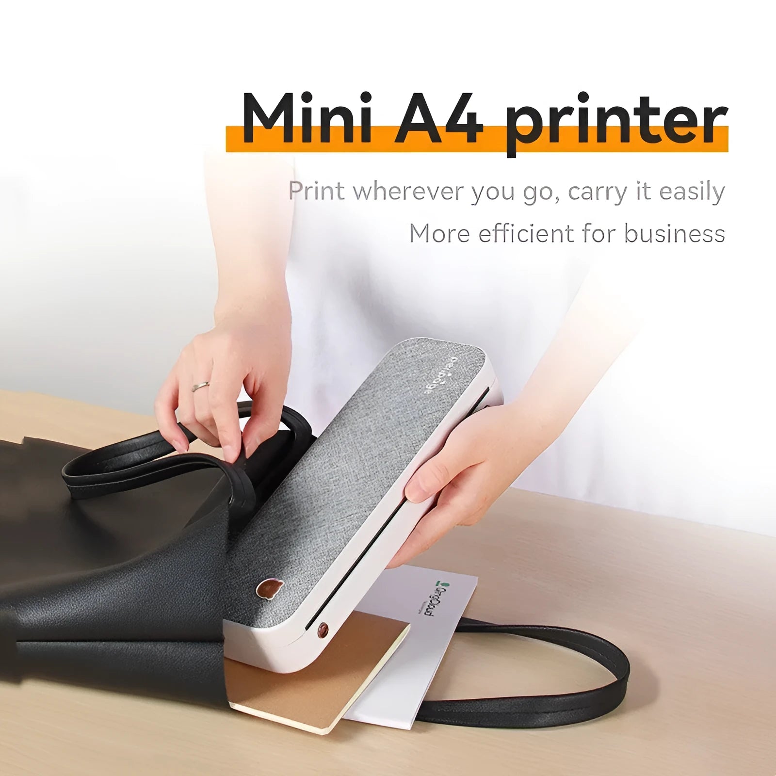 Mini A4 portable thermal printer in compact casing with USB port and paper feed slot