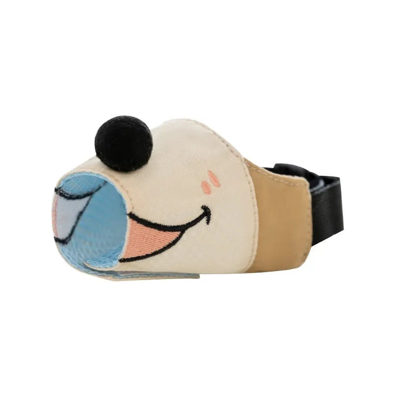 Canvas dog muzzle in Ollie Brown Bear and Bondi Blue Shark colours, shown in sizes S, M, L, and XL.