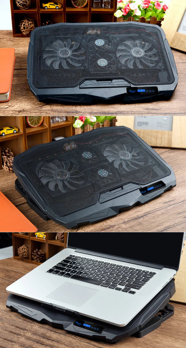 Black laptop cooling stand with copper heat sink, four heat pipes, and variable speed fan for notebook computers