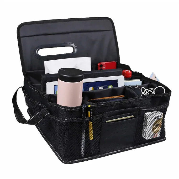 Black oxford cloth car boot storage box organiser measuring 33cm by 33cm by 16cm.