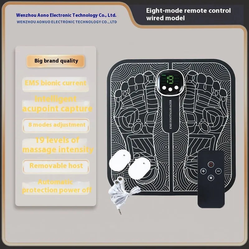 Blue rechargeable reflexology foot massager mat with remote control on a wooden floor.