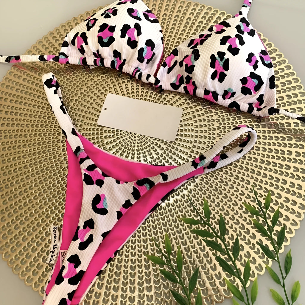 Women's printed bikini swimsuit with quick-dry fabric shown in available colours