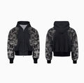 Loose fitting printed casual trousers with a hoodie on a neutral background
