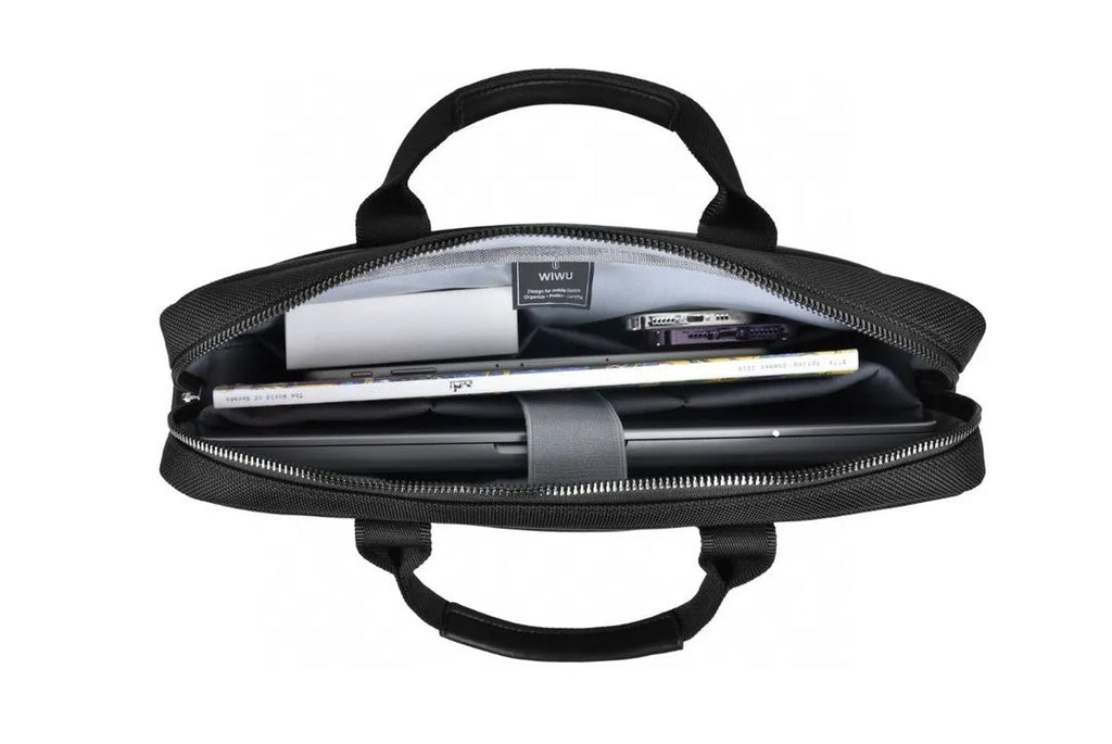 Black Oxford cloth laptop handbag showing multi-pocket organiser design and secure lock.