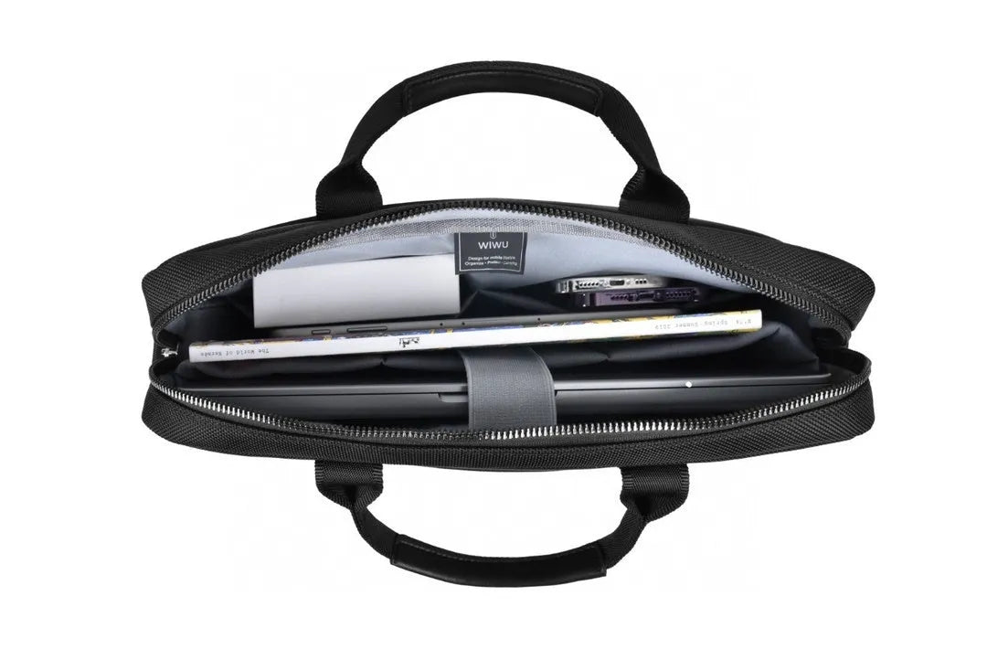 Black Oxford cloth laptop handbag showing multi-pocket organiser design and secure lock.