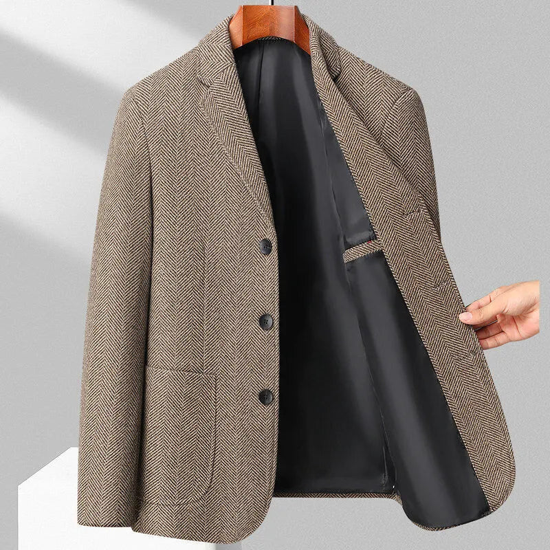 Men's loose fit woolen coat in solid colour polyester fabric for spring and autumn casual wear