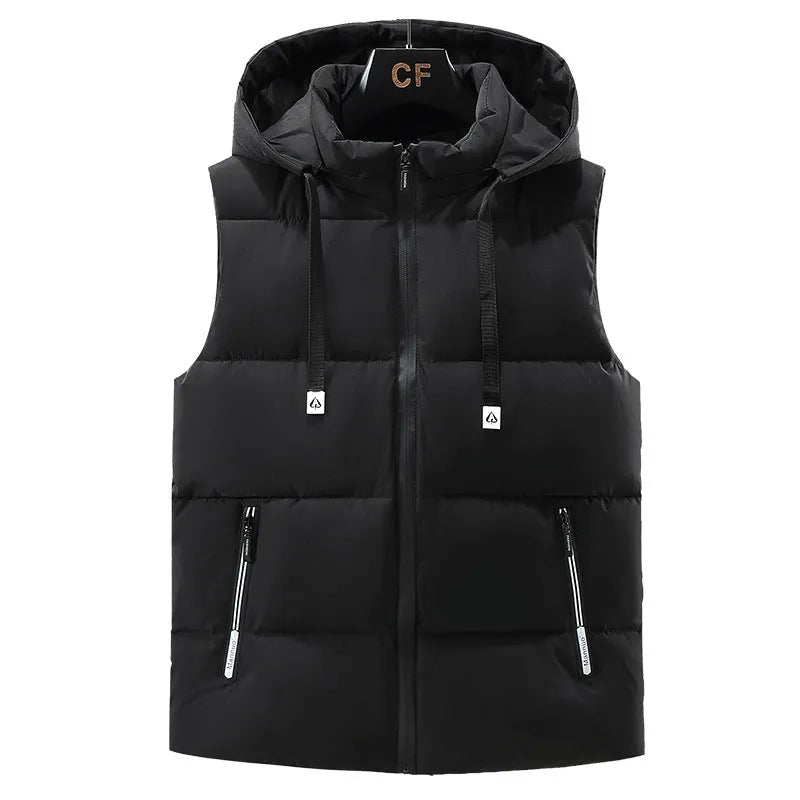 Men's black polyester vest with removable cap showing straight hem design and slant pockets