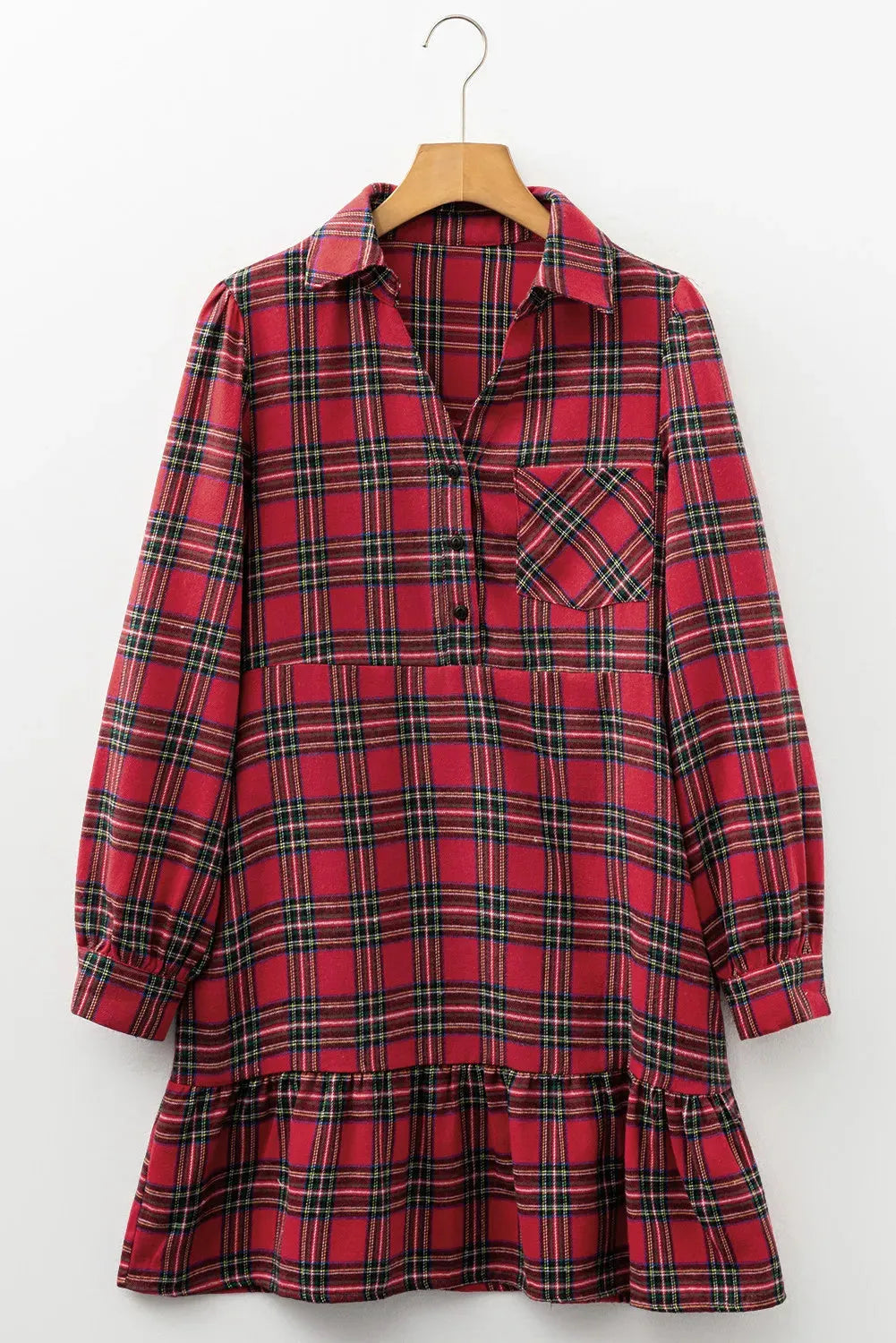 Red and black plaid women's mini dress with a shirt collar, half-button front, long sleeves, and a ruffle hem.