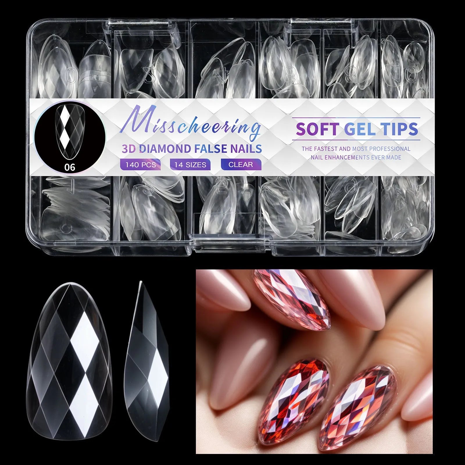 Pack of long, pre-shaped false nail tips with a raised 3D diamond pattern design in various colours.