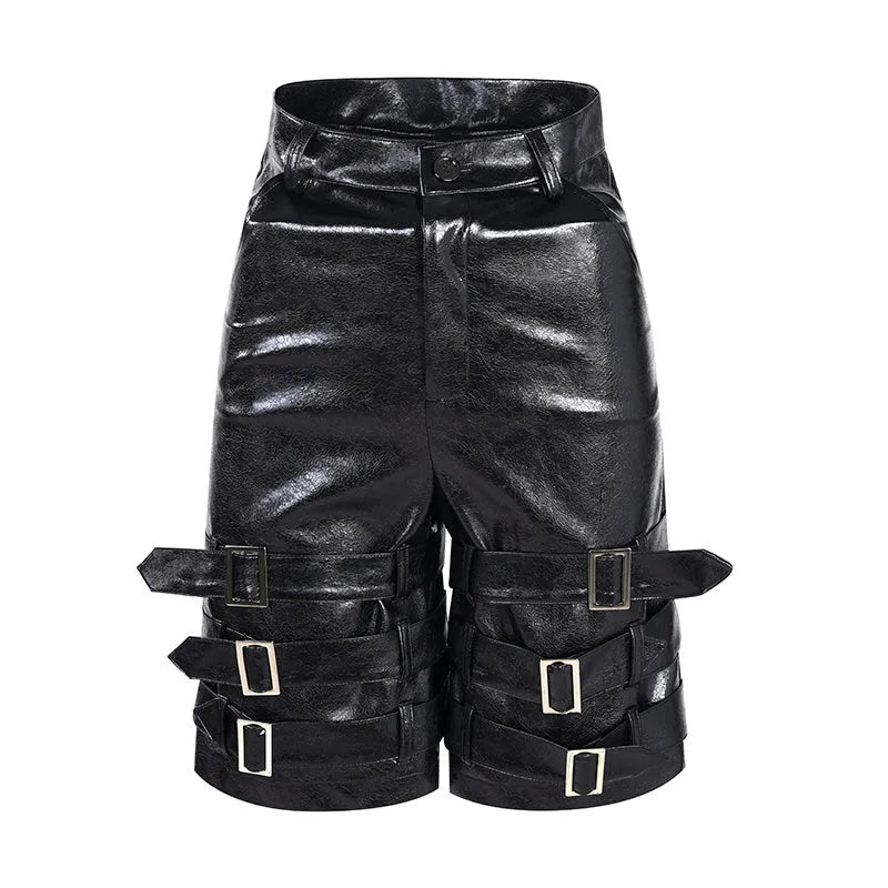 Men's black PU leather cropped pants with ring detailing in medium low waist design