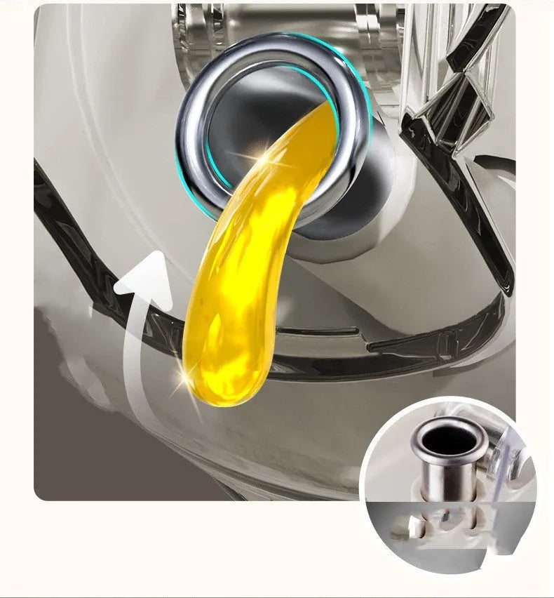 Glass oil sprayer bottle with grey cap, shown in spray and pour modes next to cooking ingredients.