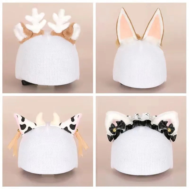 Plush fabric cartoon character decoration cover placed on a ski helmet.