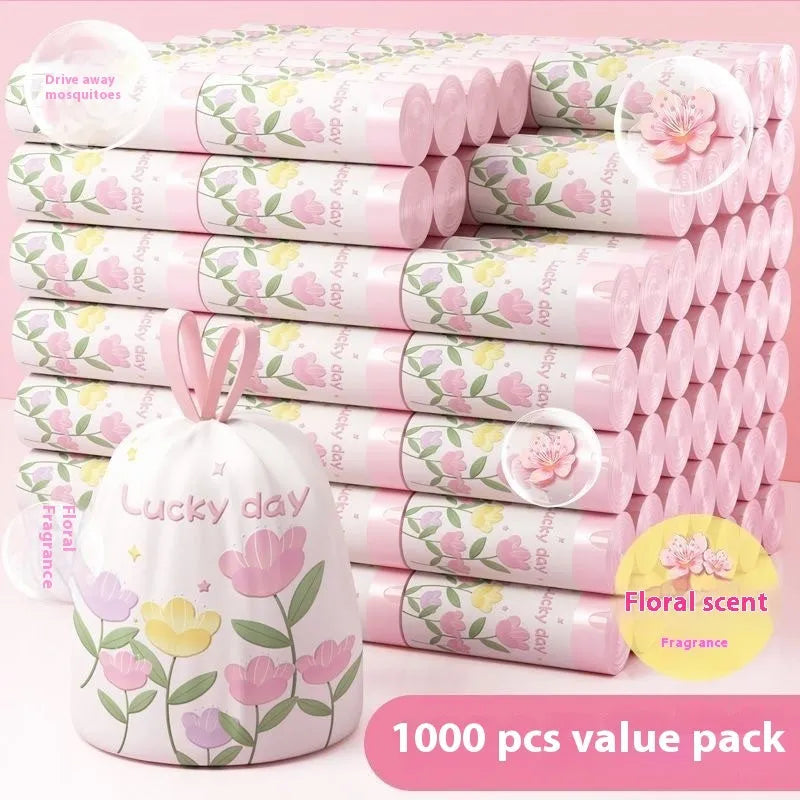 Pink degradable drawstring garbage bag with argy wormwood mosquito repellent, dimensions 44cm by 48cm.