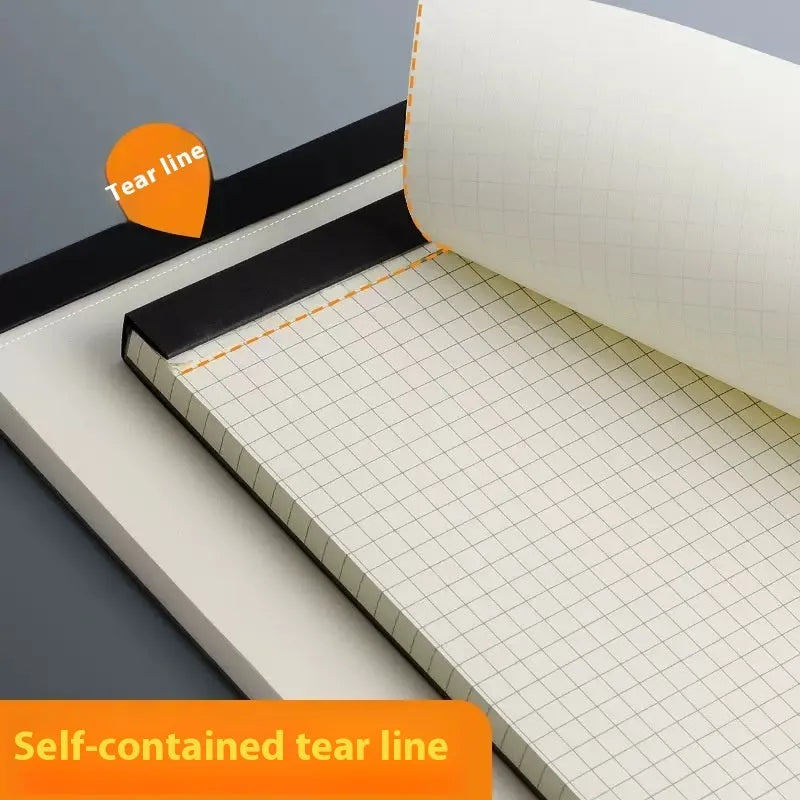 Set of tearable writing pads in A4, A5 and B5 sizes showing blank, grid and lined page options.