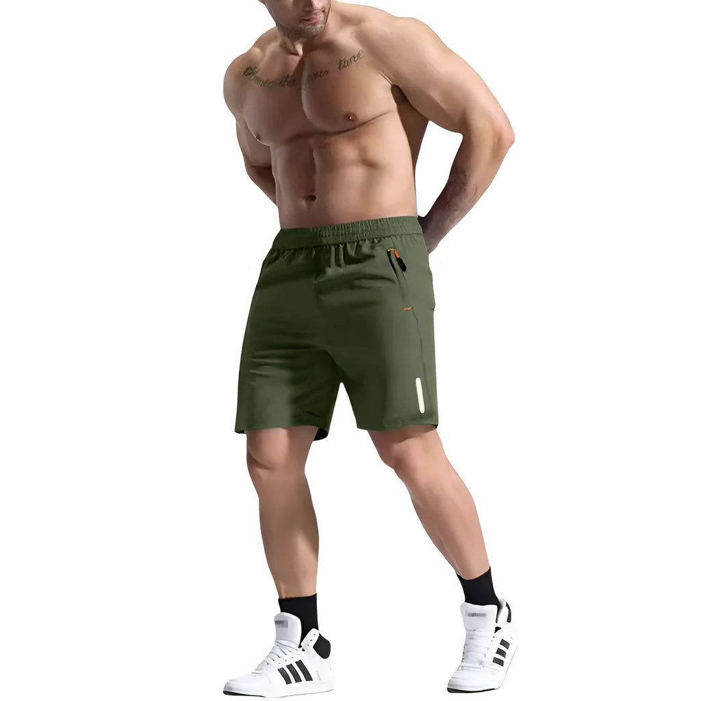 Men's grey elastic waist sports shorts made from bamboo fibre blend fabric on a neutral background.