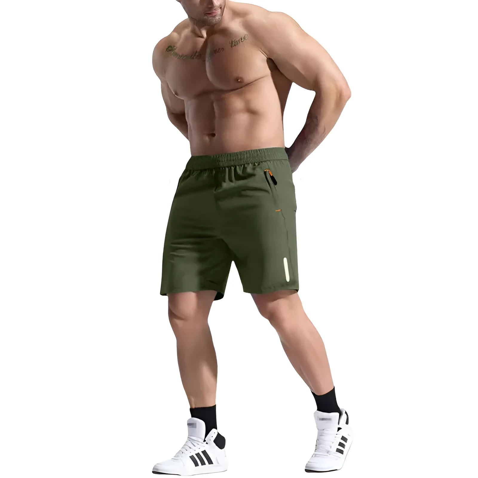 Men's grey elastic waist sports shorts made from bamboo fibre blend fabric on a neutral background.