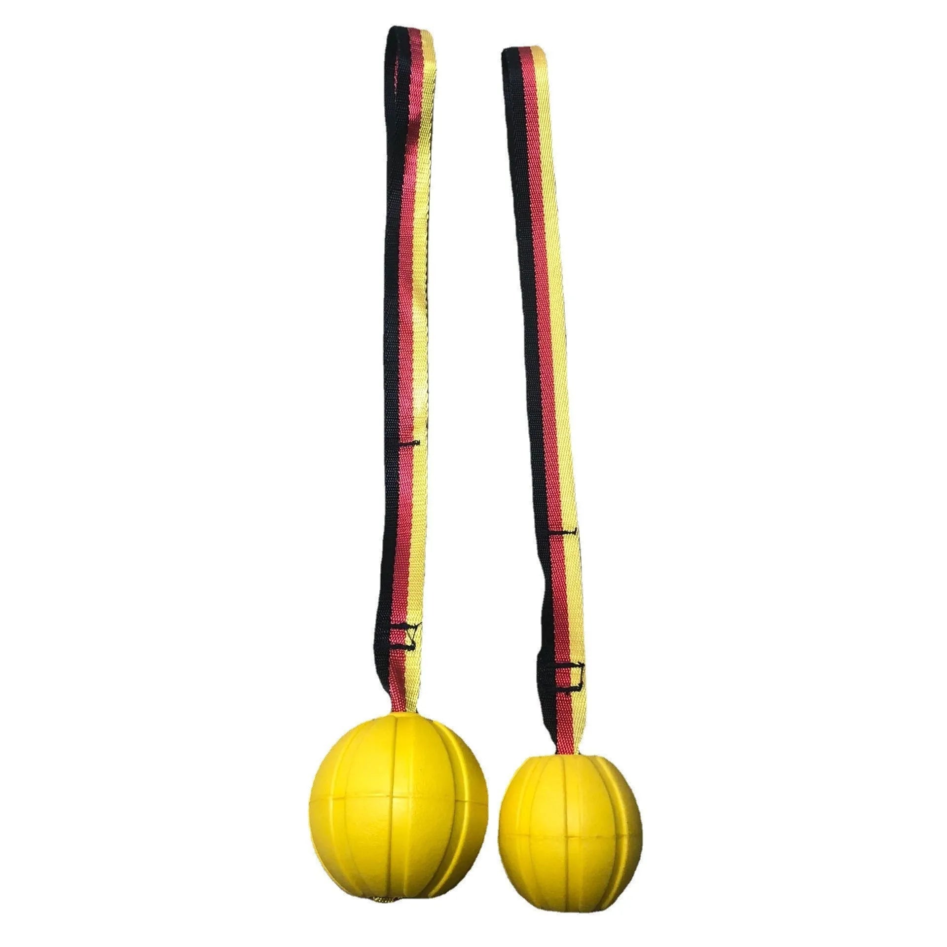 Camouflage and yellow floating pet tetherballs in three diameter sizes for water play