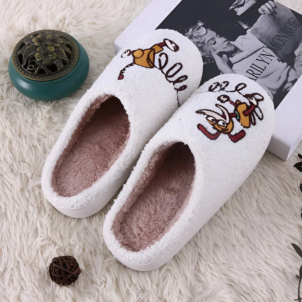 White cartoon fluffy slippers with toe holder design and non-slip rubber soles