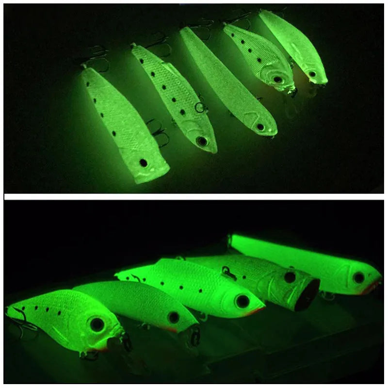 Set of five 3D fluorescent hard bait fishing lures with luminous glow design.
