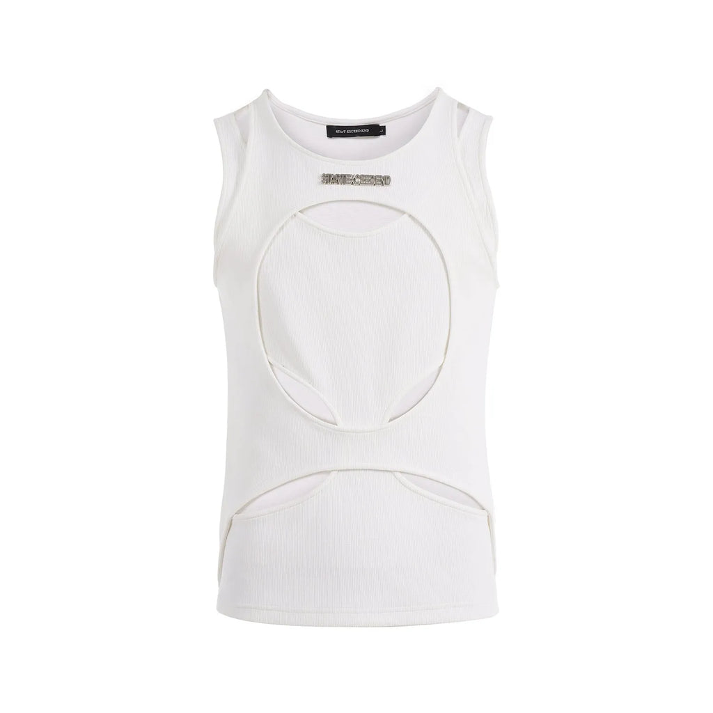 Men's black sleeveless waistcoat with hollow white thread construction and round neck collar