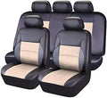 Set of synthetic leather car seat covers in a choice of colours, shown with plastic hooks for installation.