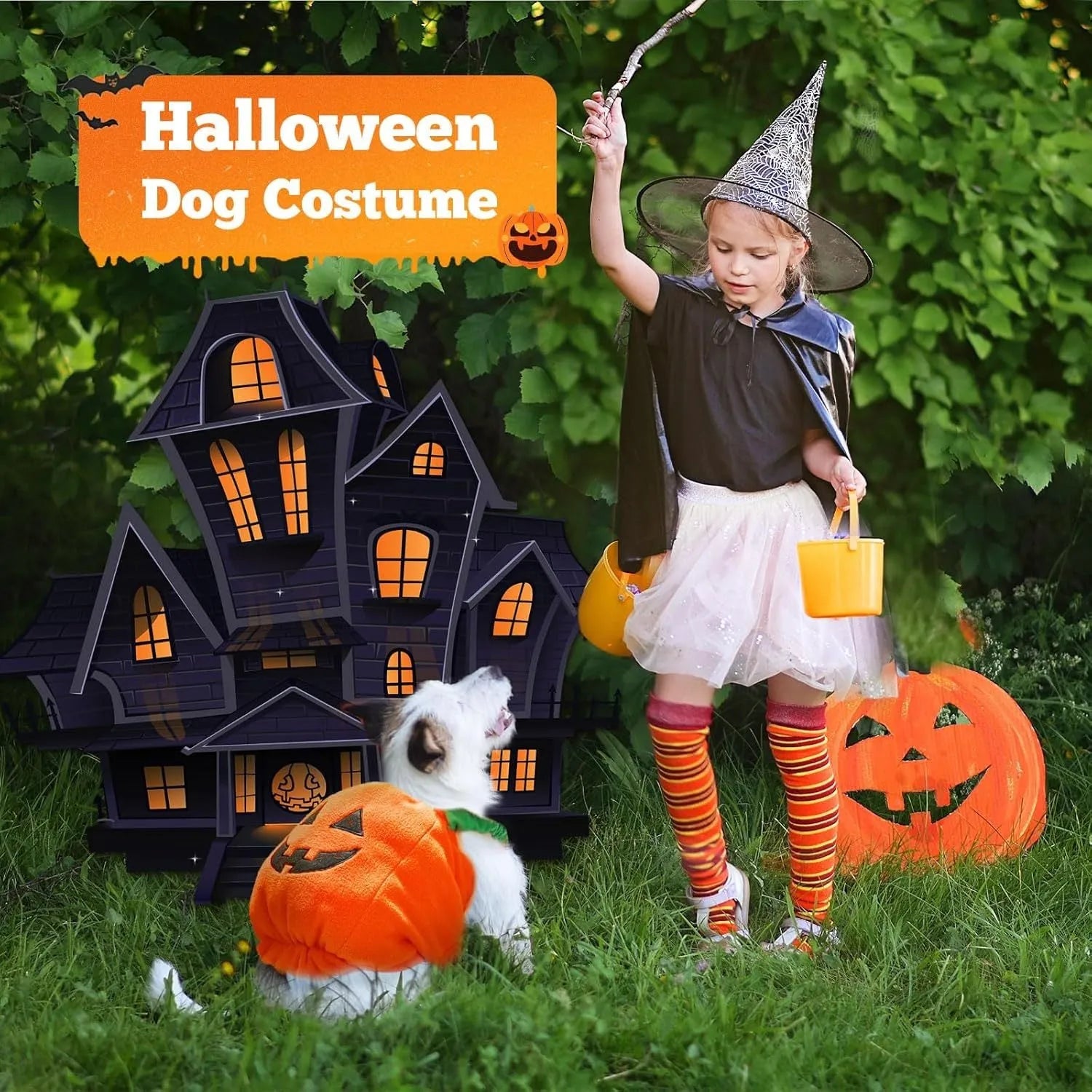 Orange plush pumpkin Halloween costume for small dog with pullover design and festive appearance