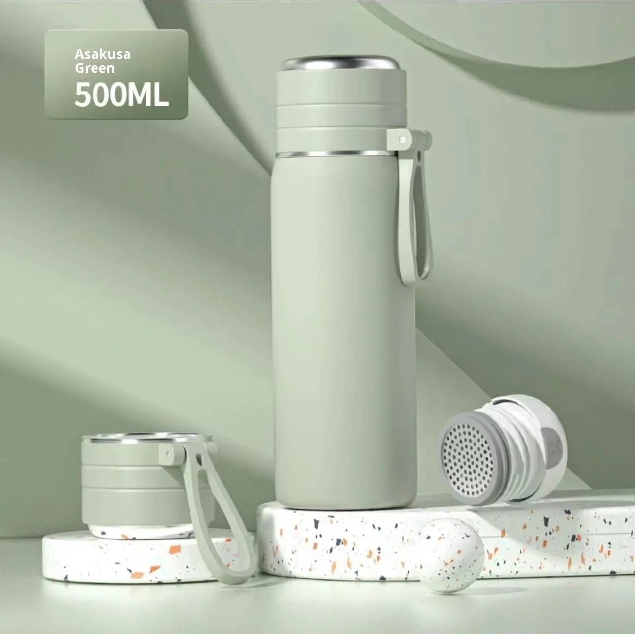 316 stainless steel thermos cup with tea separation, 500ml capacity, army green colour