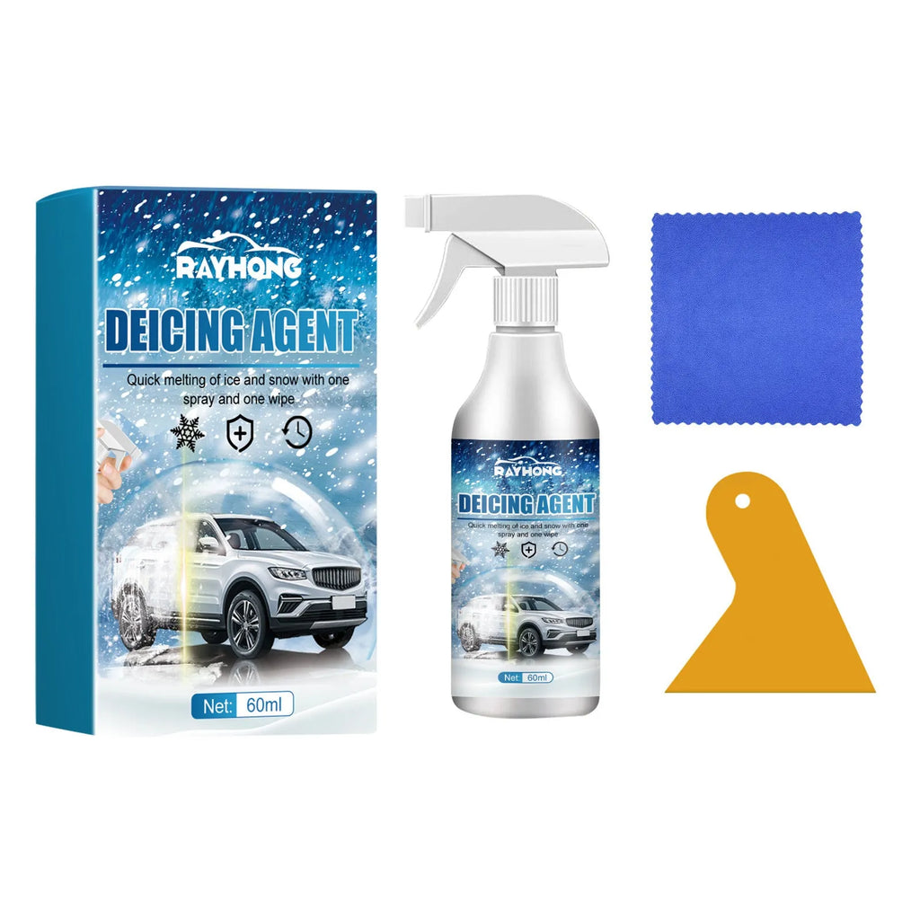 60ml winter car glass ice melting spray bottle and cloth scraper tool for de-icing windscreens.