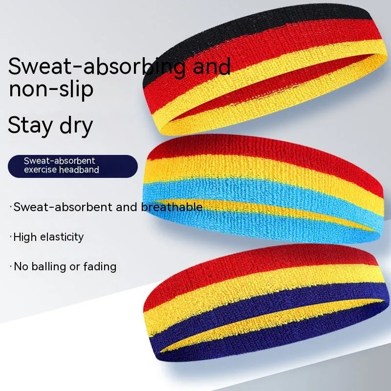 A sports headband for adults in a three-colour design, shown alongside other colour options including blue, white, and red.