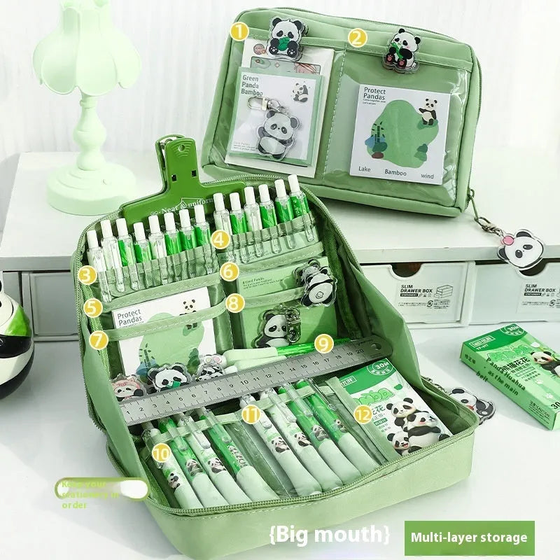 Green canvas panda pencil case with 12 internal storage layers for stationery organisation.