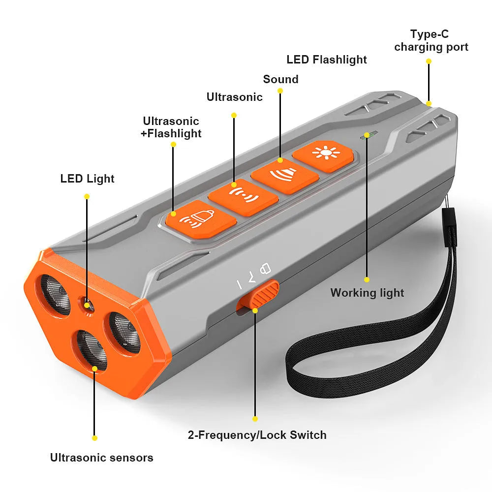 Three-head ultrasonic dog trainer with remote control in black and orange colour