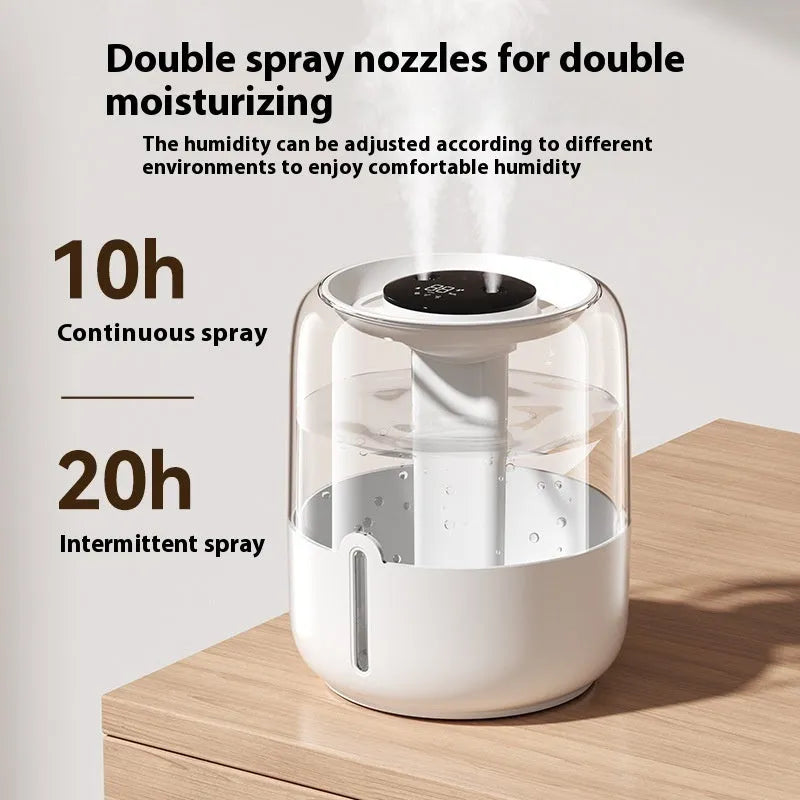 Beige USB humidifier with dual spray, humidity display, and night light function