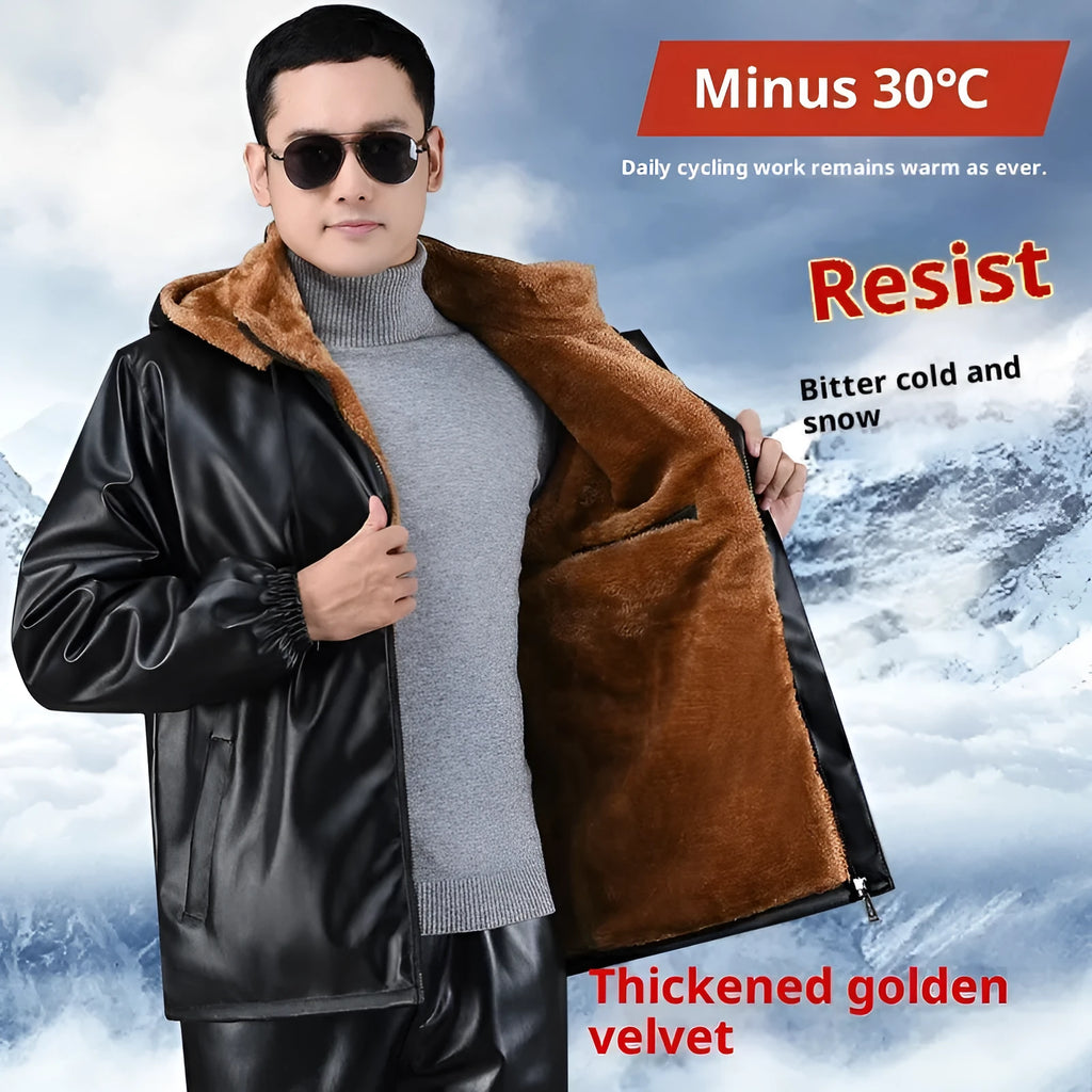 Men's fleece-lined thickened PU leather winter coat, loose wide fit, 65cm medium length, thickened top colour