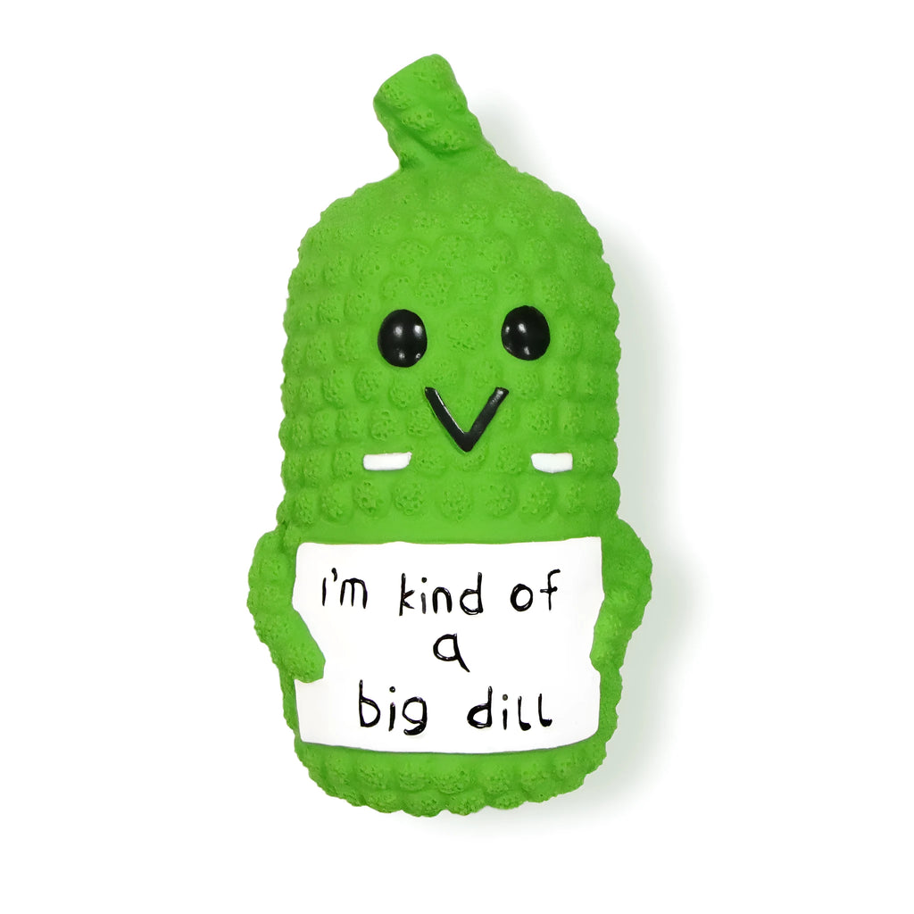 Green pickle-shaped squeaky dog chew toy with textured exterior for dental cleaning